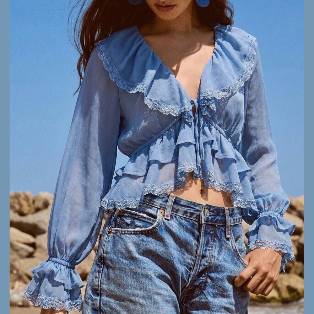 Blue Sheer Ruffled Lace Trim Tie Front Crop Blouse
